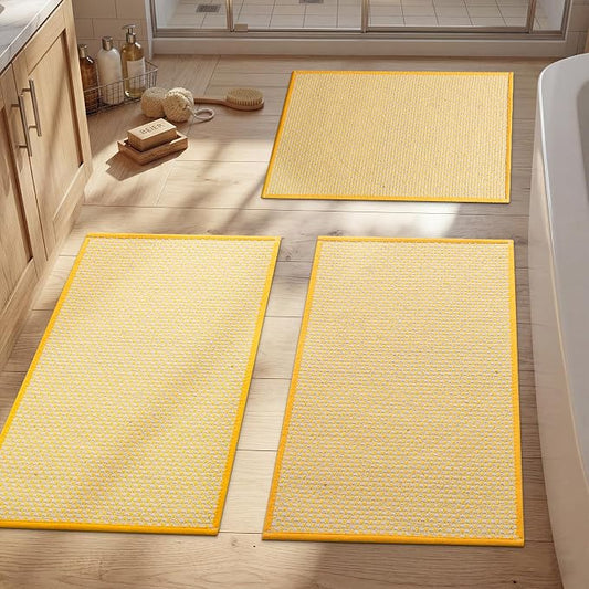 YIHOUSE Thin Bath Mat Yellow Bathroom Rugs Sets 3 Pieces, Non Slip Absorbent Bath Mats Quick Dry, Woven Braided Rugs Washable,Tapetes para Baño for Bathroom,Bathtub(17"x24"+17"x32"+17"x32")