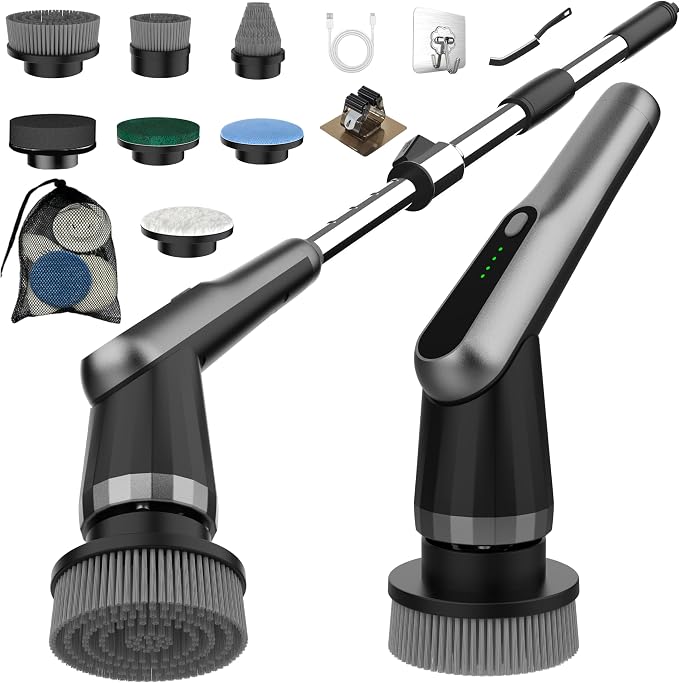 Electric Spin Scrubber, Cordless IPX7 Waterproof, Dual Speed Shower Scrubber with Adjustable Long Handle, 7 Replaceable Brush Heads for Bathroom, Bathtub, Tile Floor, Toilet, Kitchen & Car
