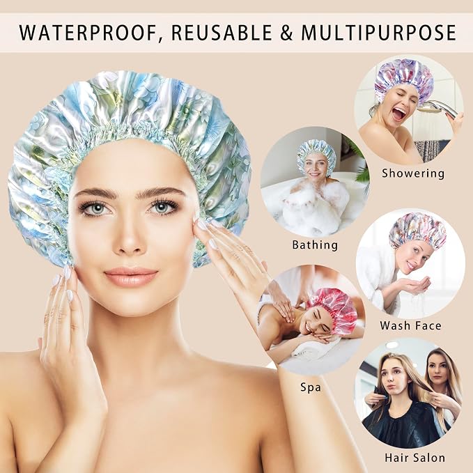 Shower Caps for Women, 4 PCS Reusable Waterproof Bath Cap | Double Layer, Washable, Wide Elastic Band, Holds Long Hair, Caps for Bath Accessories, Spa, Travel Home - Flower