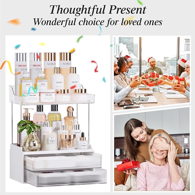 Bathroom Counter Organizer, TidyStash 2-Tier 2-Drawer Makeup Organizer Countertop, Easy to Install, Ideal for Bathroom Storage, Vanity, Perfume, Large Skincare Items, Present, and More, Clear
