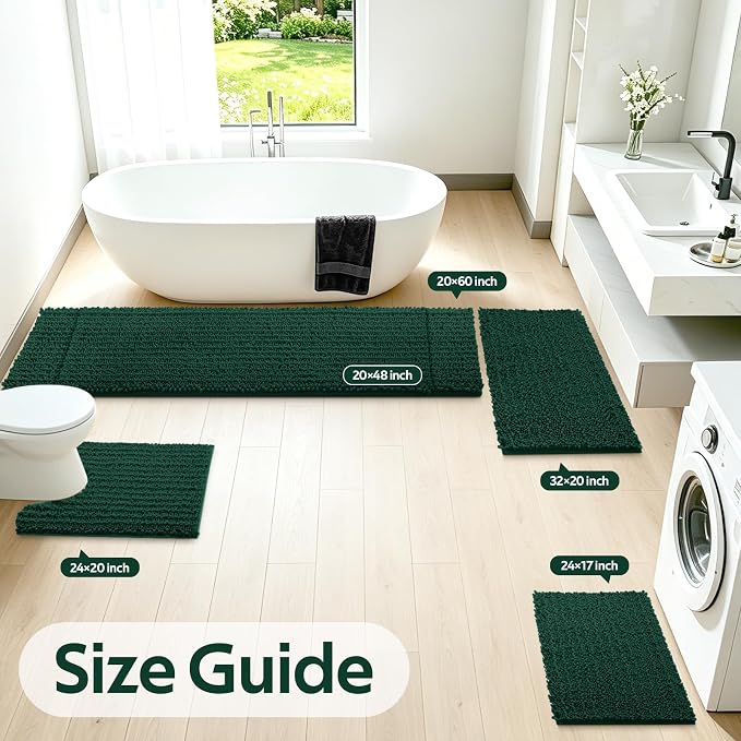 ACCUMTEK Upgrade Luxury 2 Piece Deep Green Toilet Bathroom Rug Mat 60"x20"+32"x20", Ultra Soft Thick Absorbent Bath Mats, Non Slip Chenille Toilet Mat for Bathroom, Bedroom, Kitchen, Shower, Tub