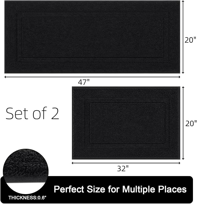 SHACOS Soft Microfiber Bathroom Rugs Set of 2 Pieces, Black | 47x20 + 32x20, Absorbent Plush Bath Rugs, Non Slip Washable Shaggy Bath Mats, Fluffy Bathroom Runner Floor Mats Shower Rug