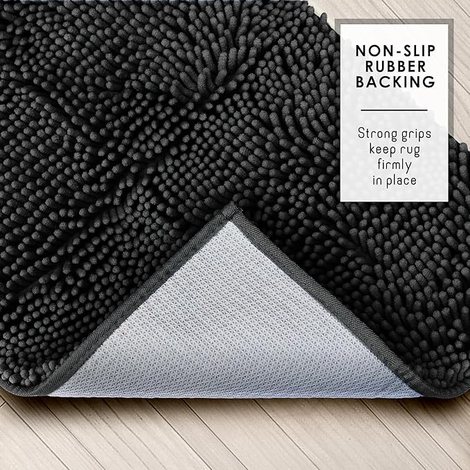 Hearth & Harbor Bathroom Rugs, Chenille Bath Mat - Machine Washable Bath Mats for Bathroom Non-Slip Backing Rubber, Quick Dry Bathroom Mat - Black 24x36