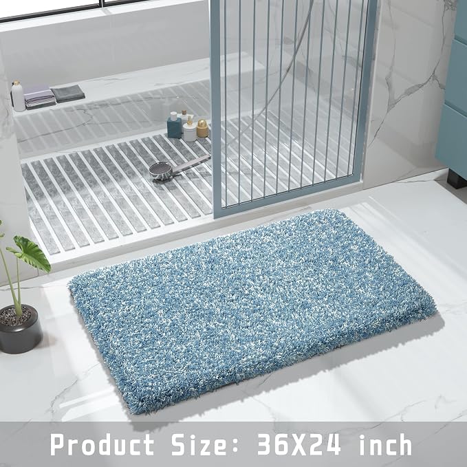 Yimobra Bathroom Rugs Non Slip Washable 36X24, Ultra Soft and Water Absorbent Bath Mats, Plush Fluffy Shower Mat Outside, Luxury Microfiber Thick Matts for Bathroom Floor/Tub, Denim Blue and White