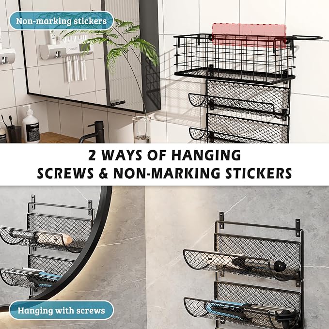 Wall-Mounted Hair Dryer Holder Styling Tool Organizer 4-Shelf Storage Wire Basket with Hook Heat Safe Rack for Hair-Straighteners,Curling Wands,Flat Iron,Perfume,Cabinet Door Bathroom Kitchen