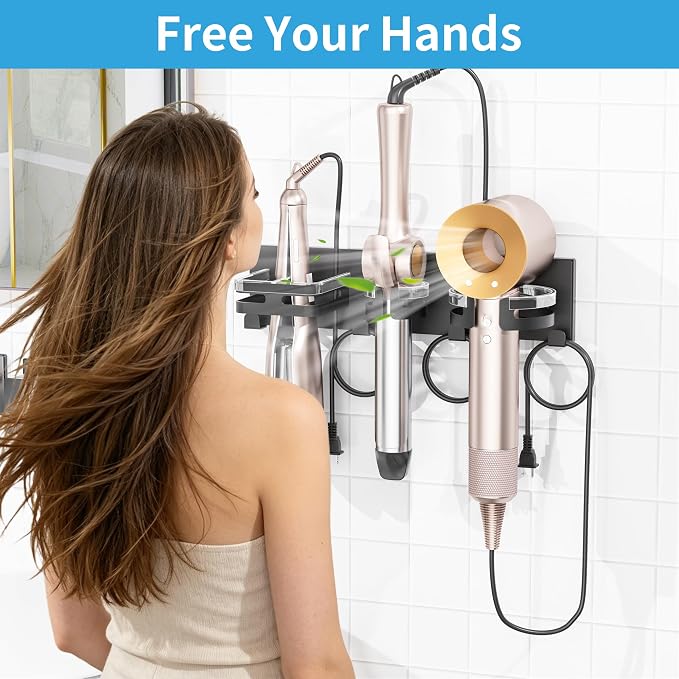 BOIVSHI Hair Dryer Holder Wall Mounted, Self-Adhesive or Drill Mount | Blow Dryer Holder, Straightener, Curling Iron and Hot Tools Organizer, Flat Iron Metal, for Bathroom, Salon, Vanity - Black