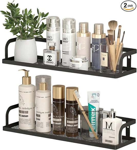PUSDON 2-Pack 16.5" Extra Long Slim Hollowout Shower Caddy, Wall Mount Spice Rack & Bathroom Organizer, Mesh Bottom Cabinet Door Shelf Holds 50LBS - Matte Black, Hollowout
