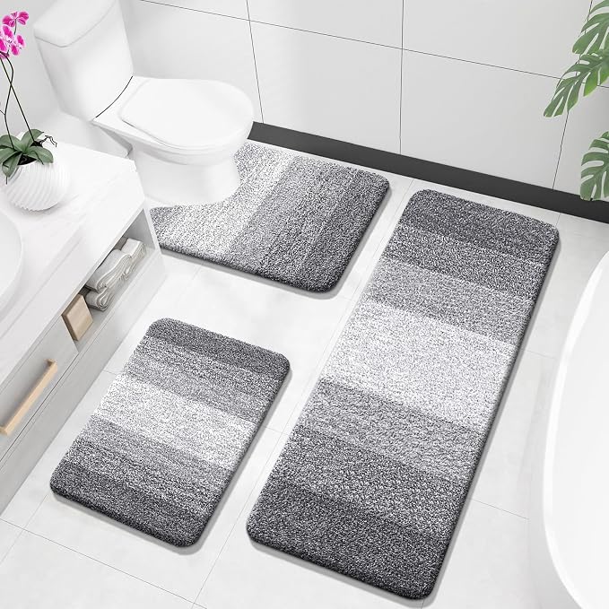 OLANLY Microfiber Bathroom Rugs Sets 3 Piece, 47"x20"+24"x16"+24"x20" | Grey, Soft Absorbent Bath Mats and U-Shaped Contour Toilet Rug, Plush Shaggy Bath Mat Set for Bathroom