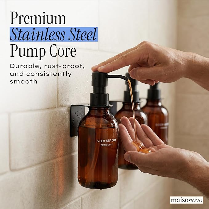 Shampoo and Conditioner Dispenser Wall Mounted Set of 3 Amber Black - No Drill Shower Soap Dispenser for Bathroom Refillable - Spa Hotel Style Accessories by MaisoNovo | No Drill Wall Mount - Shower Soap Dispenser · Holds Body Wash or Hand Soap · Wall ...