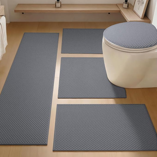 YIHOUSE Bathroom Rugs Sets 5 Piece Non Slip Washable, Absorbent Quick Dry Bath Mat Set with Toilet Mat, Weave Texture Low Profile Bath Rugs, Floor Mats for Bathroom, Tub & Shower, Light Grey