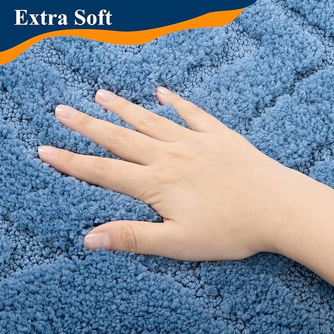 Ileading Bathroom Rugs Sets 5 Piece, Non Slip Washable Bath Mat Set | Absorbent Plush Microfiber Bathroom Mat Set with Toilet Cover, Bath Runner and U-Shaped Contour Rug for Tub, Shower, Blue