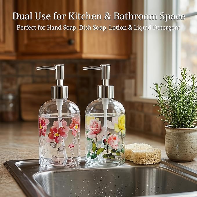 Topadorn Hand and Dish Soap Dispenser Set, 2 Pack 17oz Glass Soap Dispensers with Pump, Refillable Kitchen Soap Bottles, Coordinated Floral Bathroom Counter Decor
