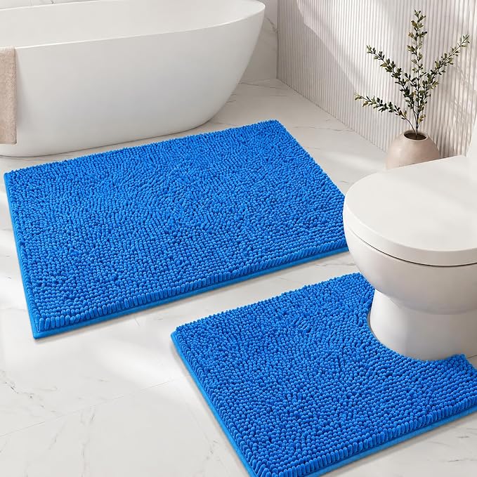 Bathroom Rugs Sets 2 Piece,Super Absorbent Soft,Thick,Machine Washable Chenille Bath Mat,Non Slip Toilet Floor Rug,Bath Mats for Bathroom,20x32 Plus 20x20 U Shape,Calm Blue
