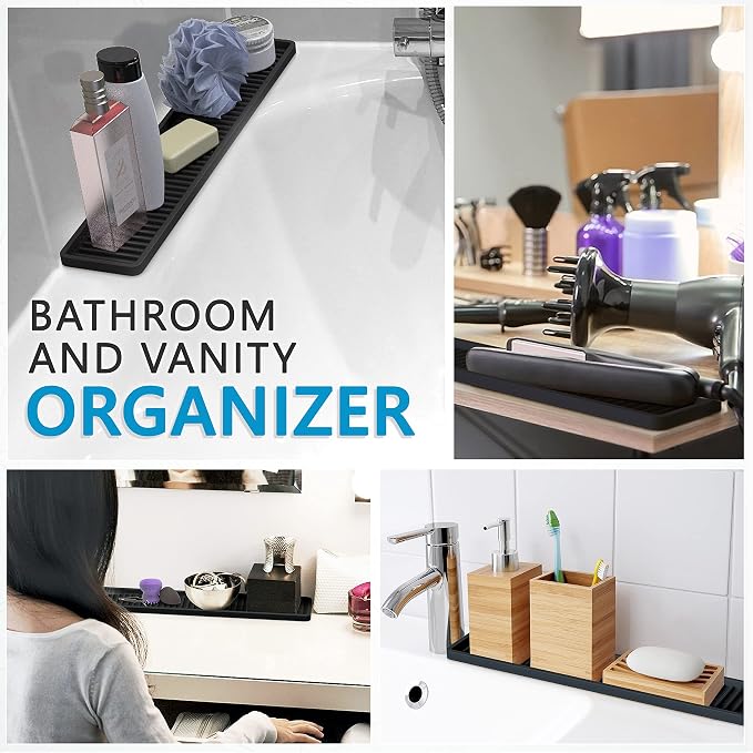 ZAPPOWARE Silicone Kitchen Sink Caddy Sponge Holder 17.7"x 4.33", Black - Bathroom Vanity Tray Organizer, Kitchen Soap Tray for Dish Scrubber, Soap Dispenser and Sponge