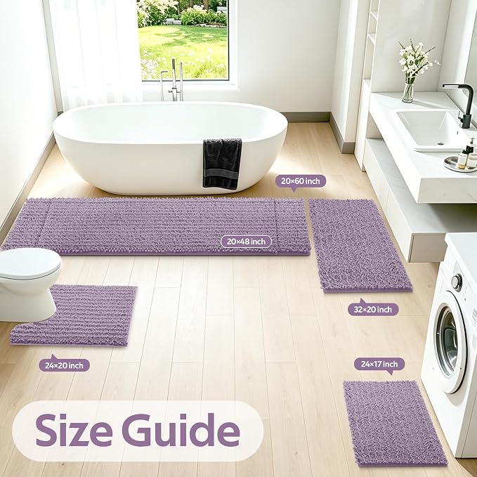 Upgrade Luxury 2 Piece Lavender Toilet Bathroom Rug Mat U Shape 24"x20"+48"x20", Ultra Soft Thick Absorbent Bath Mats, Non Slip Chenille Toilet Mat for Bathroom, Bedroom, Kitchen, Shower, Tub