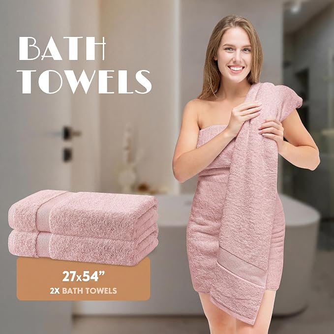 White Classic Pink Bath Towel Set of 6-100% Cotton Highly Absorbent Towels for Bathroom, 2 Luxury Bath Towels 650GSM, 2 Hand Towels, 2 Washcloths