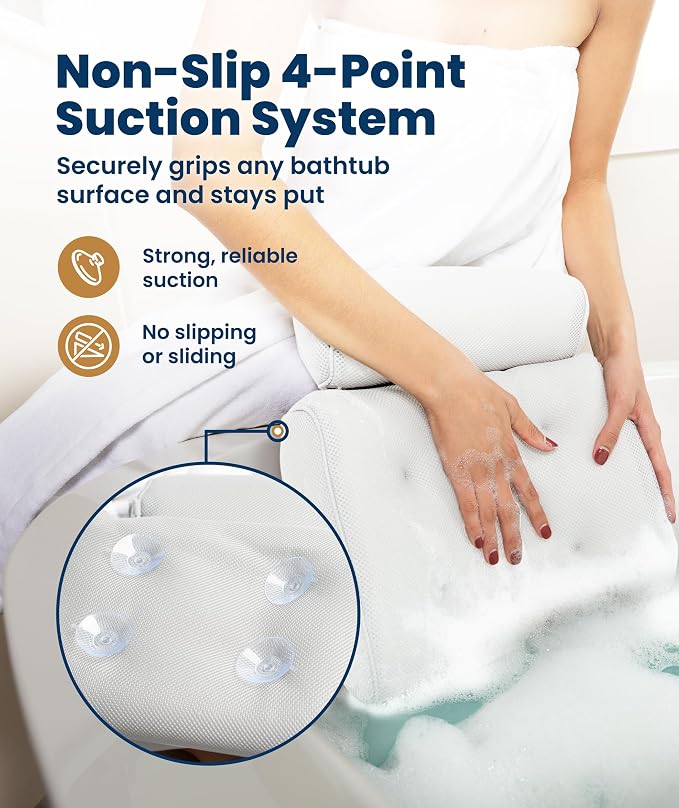 Everlasting Comfort Luxury Bath Pillow for Tub – Quick-Dry 4D Mesh – White | Head/Neck/Back Support, Non-Slip Suction Cups, Machine Washable, Drying Hook, Bath/Spa/Jacuzzi Essentials