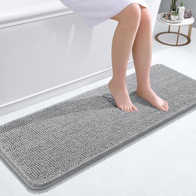 OLANLY Bathroom Runner Rugs 47x17, Extra Soft Absorbent Chenille Bath Rugs | Light Grey, Quick-Drying Rubber Backing, Washable Long Bath Mat for Bathroom Floor, Tub and Shower, Home Decor Accessories