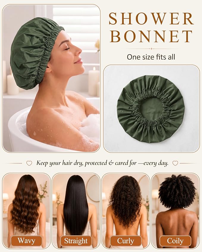 Edoneery Shower Caps for Women Reusable Waterproof, Shower Hair Cap | Washable Bonnet, Wide Elastic Band, Large Fit, Holds Long Hair, Braids Friendly, Bath Accessories, Spa, Travel