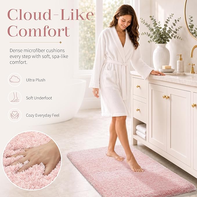 Yimobra Bathroom Rugs Non Slip Washable 36X24, Ultra Soft and Water Absorbent Bath Mats, Plush Fluffy Shower Mat Outside, Luxury Microfiber Thick Matts for Bathroom Floor/Tub, Light Pink and White