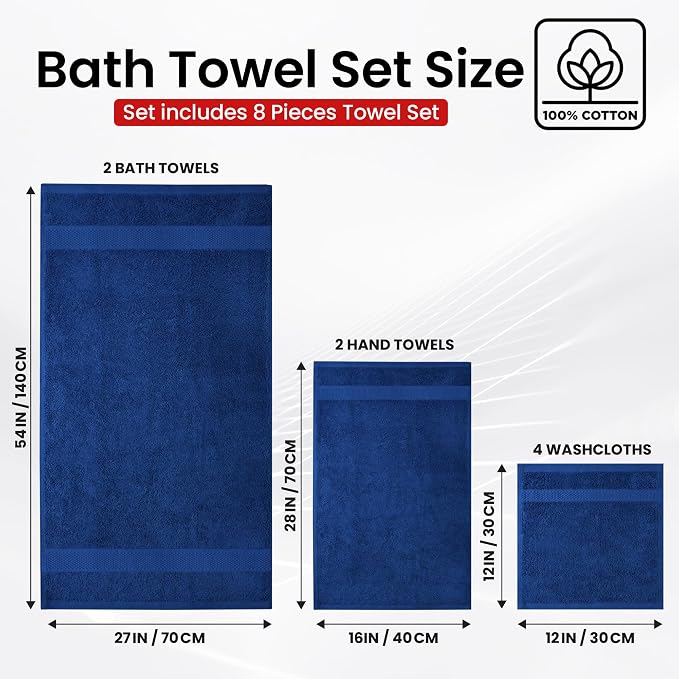 Infinitee Xclusives 100% Cotton Bath Towel Set – 8 Piece Bathroom Towel Set | (2 Bath Towels, 2 Hand Towels, 4 Washcloths) – Soft & Absorbent Towels for Bathroom - Gym, Shower, Spa & Hotel Use