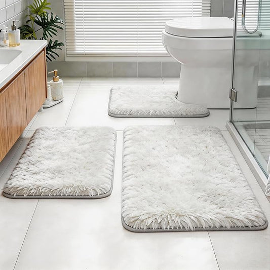 Shaggy Bathroom Rugs Set Plush Velvet Bath Rugs Non-Slip Bath Mat Set 3 Piece,Washable Mats,Absorbent Shaggy Rugs Super Soft U-Shaped Toilet Rug,Bahroom Carpets for Bathroom,Tub,Shower(White