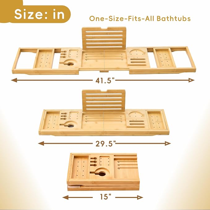 Premium Foldable Bamboo Bathtub Tray Caddy, Expandable Bath Caddy Tray with Holder, Natural Bath Shelf Over Tub, Spa Bathroom Accessories & Gifts for Home