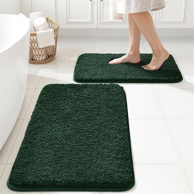 MIULEE Dark Green Bathroom Rugs Set 2 Piece Small Soft Bath Mats 16x24 Inch | Soft Absorbent Microfiber Bath Rugs, Non Slip, Quick Dry, Fluffy Bath Rugs for Bathroom Floor Tub Showers, Machine Washable