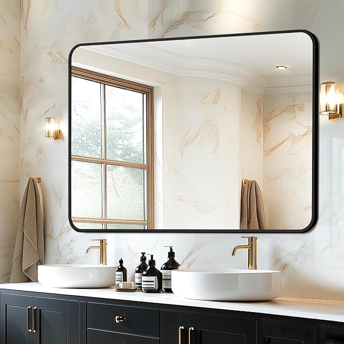 Delma Bathroom Vanity Mirror, Black Framed Mirror for Over Sink, 40x28 | HD glass, distortion-free for makeup and grooming, Sturdy frame, all mounting hardware, hangs horizontal or vertical