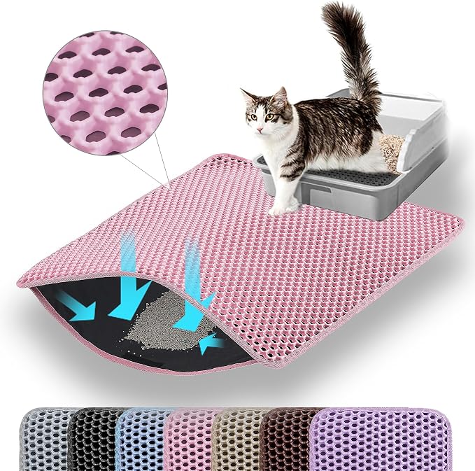 Small Cat Litter Mat, Double Layer Honeycomb Litter Box Mat | 20x14”, Reduces Litter Tracking, Waterproof, Non-Slip, Soft on Paws, Scratch Resistant, Easy to Clean, Pink