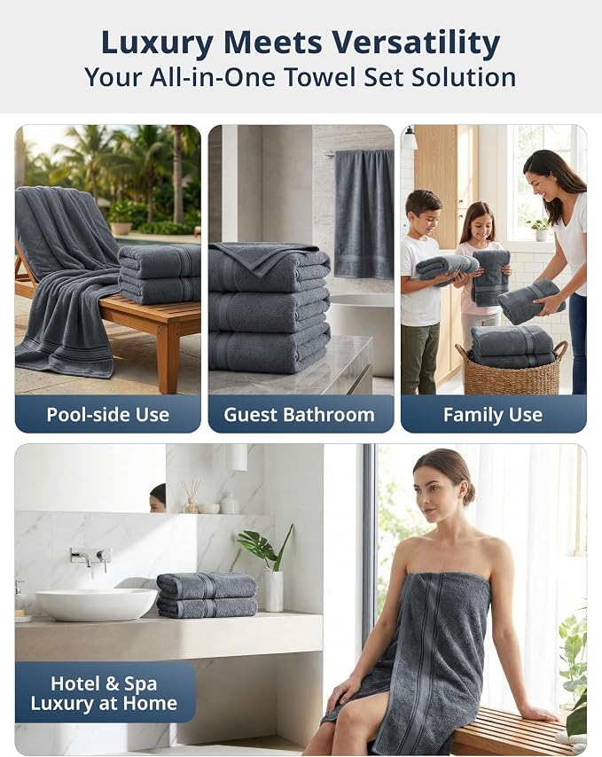 LANE LINEN Bath Towel Set 100% Cotton 4 Piece Soft Absorbent - Cool Grey | Shower Towels - Generously Sized, Oversized & Roomy, Lightweight & Breathable, Fade-Resistant Color, Classic Terry Weave