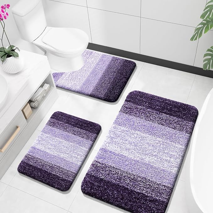 OLANLY Microfiber Bathroom Rugs Sets 3 Piece, 36"x24"+24"x16"+24"x20" | Violet, Soft Absorbent Bath Mats and U-Shaped Contour Toilet Rug, Plush Shaggy Bath Mat Set for Bathroom
