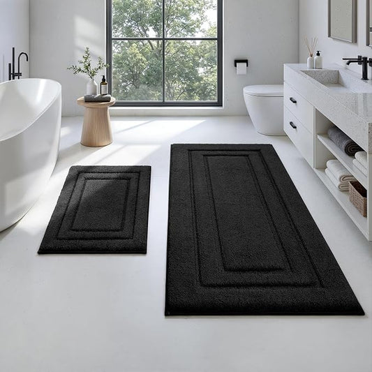 HOMEIDEAS Bathroom Rugs Sets 2 Piece, Soft Extra Long Bath Mat Black | Super Soft and Absorbent Non Slip Microfiber Bath Rug，Machine Washable, for Bathroom, 20" x 47" + 16" x 24"