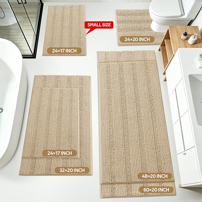 ACCUMTEK Striped Beige Bathroom Rug Mat Set 2 piece 24"x17"+48"x20" Ultra Soft, Non Slip Chenille Bath Rugs, Absorbent Plush Shaggy Bath Mats for Bathroom, Bedroom, Kitchen, Shower, Tub