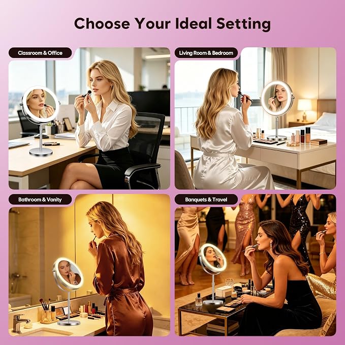 30X Makeup Mirror with Lights, Brightness Adjustable with 3 Colors, Double Sided Magnifying Mirror with 360° Rotation, Lighted Makeup Mirror with Magnification, Ideal Gift for Women -Nickel