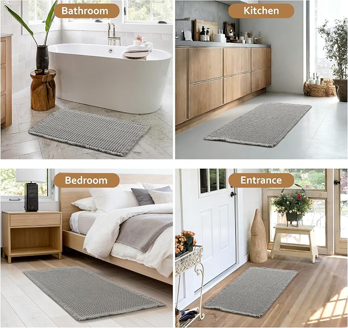 JIUZHEN Set of 2 Waffle Bath Mats Boho Bathroom Runner Rug 20"x32"+24"x48" | Grey, Non Slip, Super Absorbent, Washable, Ultra Soft, Fast Drying Bath Rug and Bathroom Runner for Kitchen Hallway Laundry