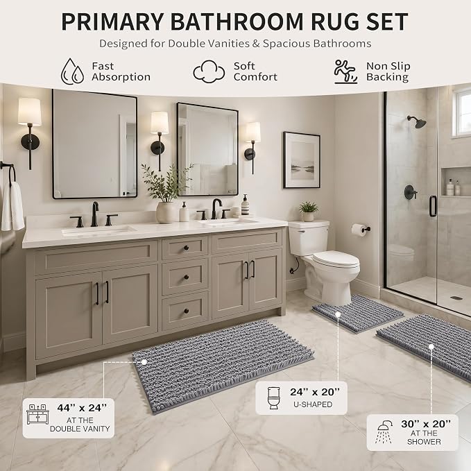 Yimobra Bathroom Rug Set 3 Piece, Super Water Absorbent Bath Mat Set, Grey | Quick Dry Soft Chenille Bath Rugs & Toilet Rug, Non Slip Machine Washable, Extra Thick Shaggy Floor Mat for Shower Tub Sink