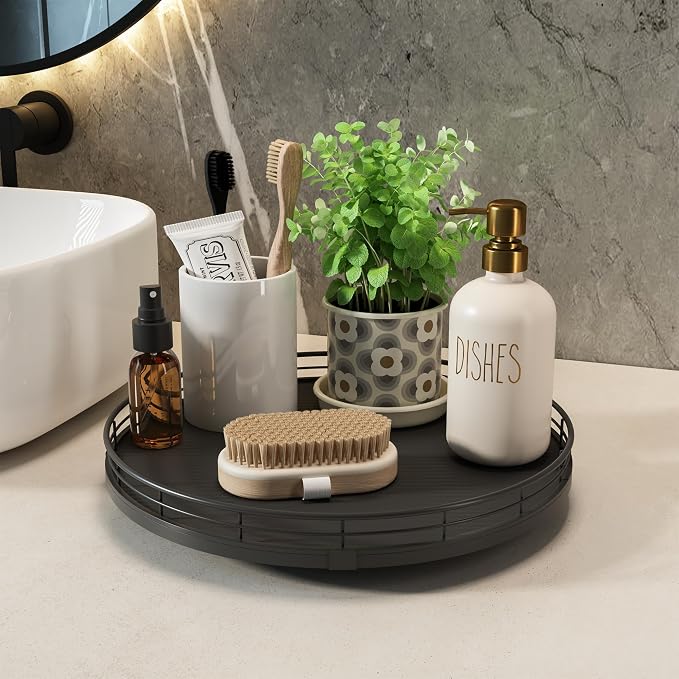 12" Lazy Susan Turntable Organizer for Table Top, Round Wooden Lazy Susan for Cabinet Kitchen Decor Centerpieces Coffee Table, Storage Condiments Spices, Bathroom Vanity Tray for Soap, Black