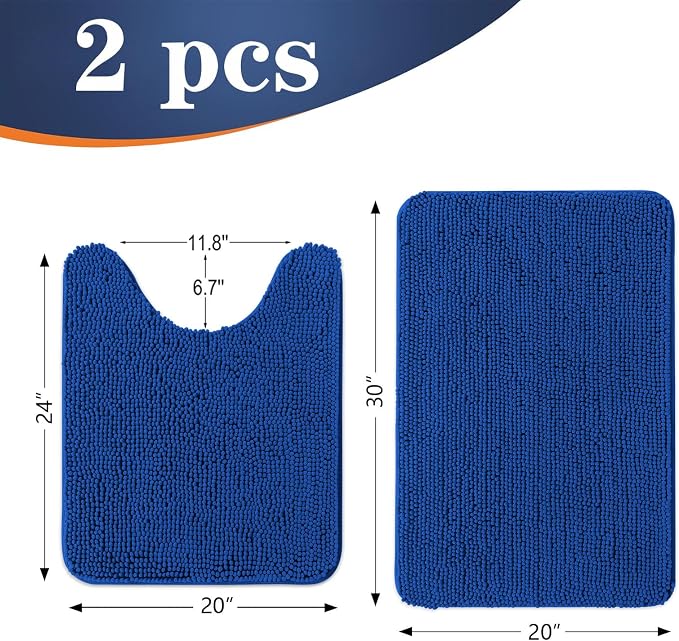 OLANLY Chenille Bathroom Rugs Mats Set 2 Piece, 30"x20"+24"x20", Royal Blue | Soft Absorbent Bath Mat and U-Shaped Contour Toilet Rug Set, Quick Dry, Machine Washable Bath Carpet, Home Decor Accessories