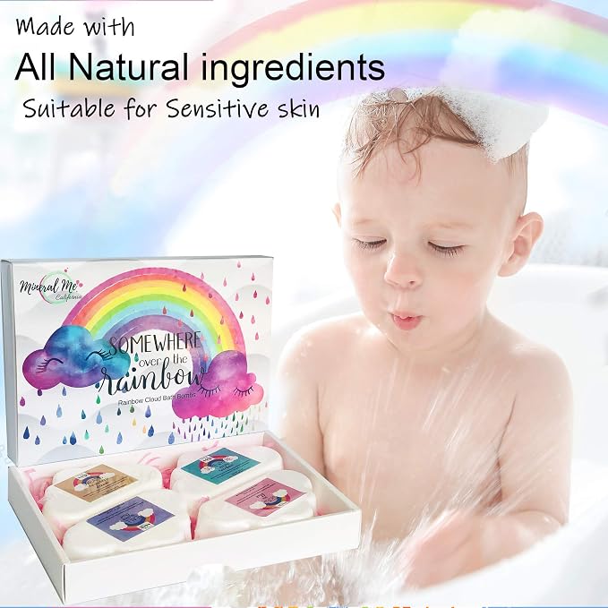 Bath Bombs for Kids - Organic Magic Rainbow Bubble Bath Bombs, Bath Fizzies | BathBombs w/Moisturizing Shea Butter and Natural Oils, 4 Large Unicorn Cloud BathBombs, Birthday Gift for Kids, Girls, Boys