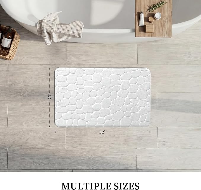 YIHOUSE Bath Mat, Memory Foam, Cobblestone, Bathroom Rugs, 20 x 32, White, Super Water Absorbent, Non-Slip, Machine Washable