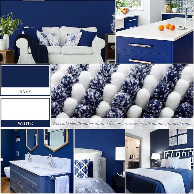 BSICPRO Bathroom Rugs Sets 2 Piece, Non Slip Striped Bath Mats, Navy | 20"x60" Plus 20"x32", Soft Absorbent Chenille, Quick Dry Machine Washable, Shower Rug for Bathroom Floor, Tub, Bedroom Decor