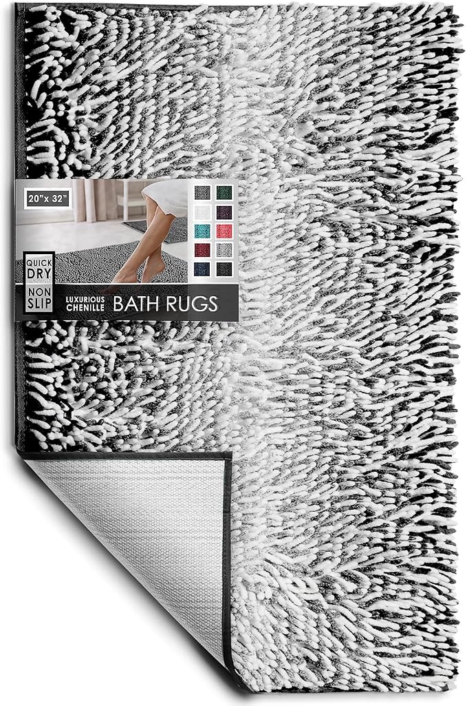 Hearth & Harbor Bathroom Rugs, Chenille Bath Mat - Machine Washable Bath Mats for Bathroom Non-Slip Backing Rubber, Quick Dry Bathroom Mat, 20 x 32 - Ombre Black