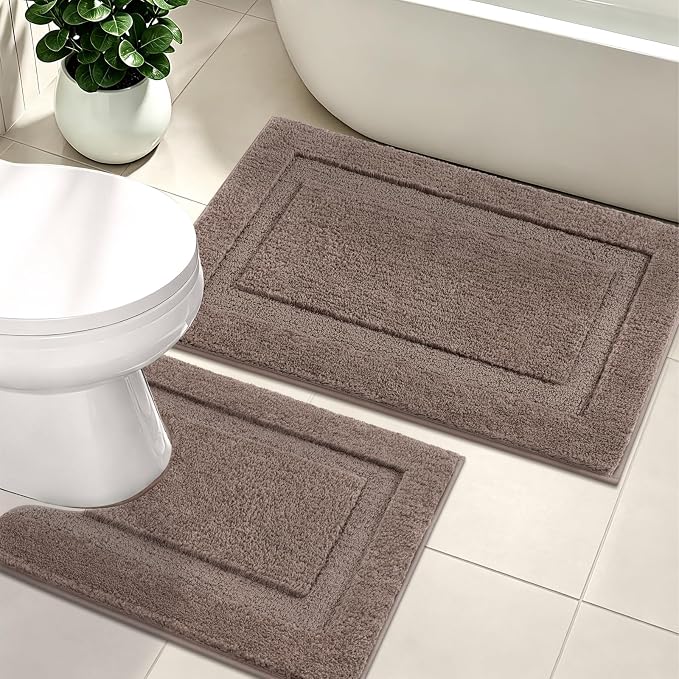 SHACOS Soft Microfiber Bathroom Rugs Set 2 Pieces with Toilet Rug | Absorbent Plush Bath Mat U Shaped Contour Bath Shower Rug, Non Slip Washable Fluffy Bathroom Floor Mats, 32x20+24x20, Coffee