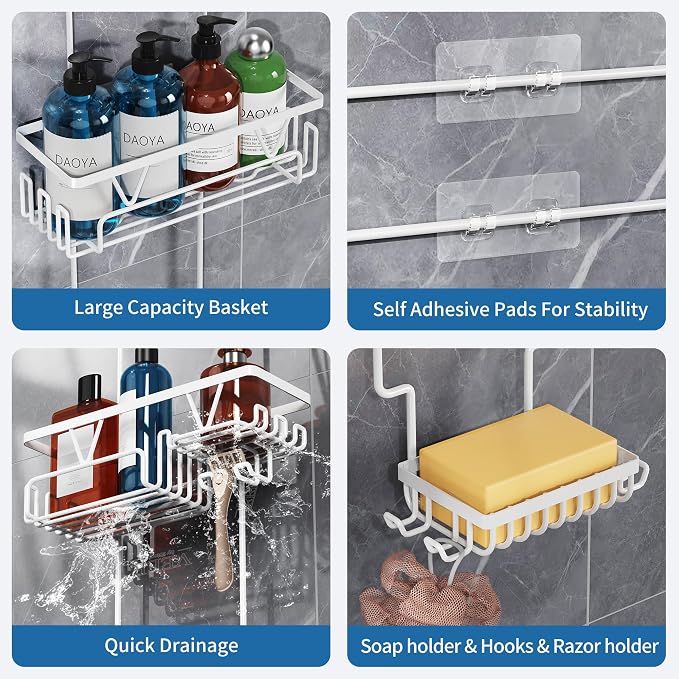 DAOYA Over the Shower Head Caddy, White Shower Caddy Hanging, 3 Tier Anti-Swing Bathroom Organizer with Soap Holder & Hooks