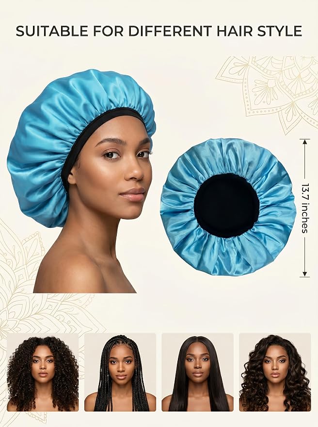 Aquior Shower Cap,Extra Large Triple Layer Bathing Cap with Dry Hair Function for Women Microfiber Terry Cloth Silky Satin 100% Waterproof Reusable Long Hair Bath Caps (Blue)