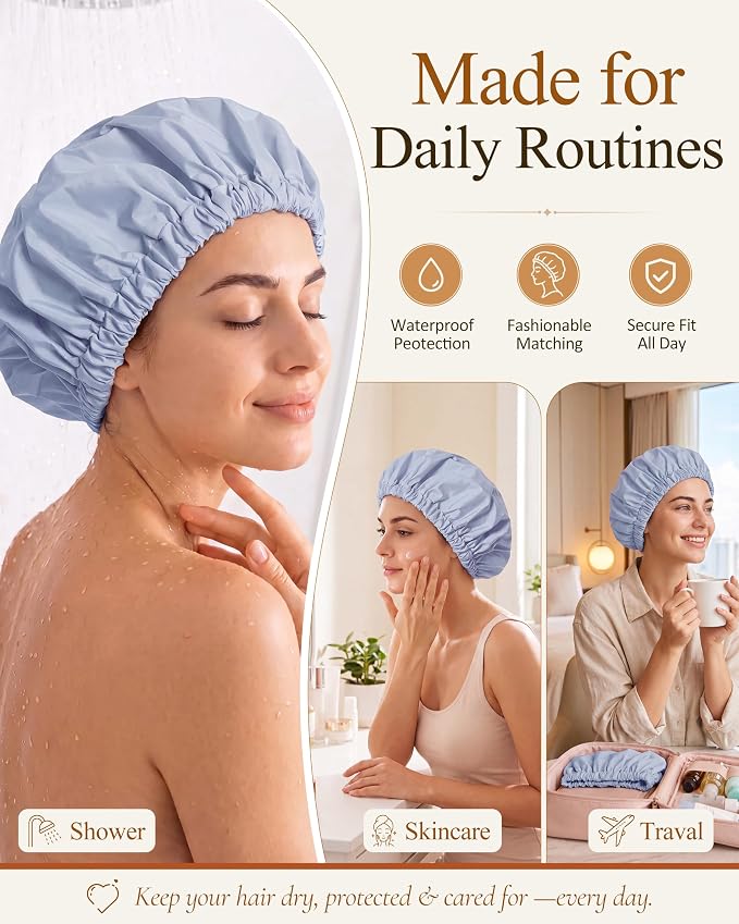 Edoneery Shower Caps for Women Reusable Waterproof, Shower Hair Cap | Washable Bonnet, Wide Elastic Band, Large Fit, Holds Long Hair, Braids Friendly, Bath Accessories, Spa, Travel