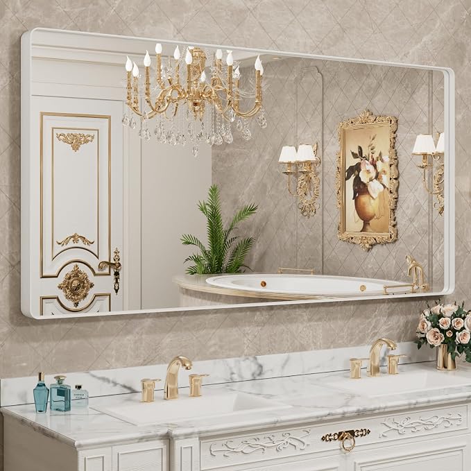 LOAAO 72x32 Inch White Metal Framed Bathroom Mirror for Wall | Rounded Rectangle Mirror, Anti-Rust, Tempered Glass, Hangs Horizontally or Vertically