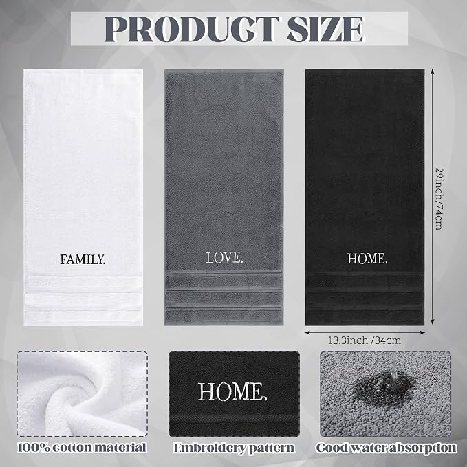 3 Pcs Hand Towels Bathroom Set,Black,Home Love Family | Embroidered Cotton Farmhouse Towels, Kitchen Decor, Rustic Boho Decorative with Text Labels, Guest Bath Home
