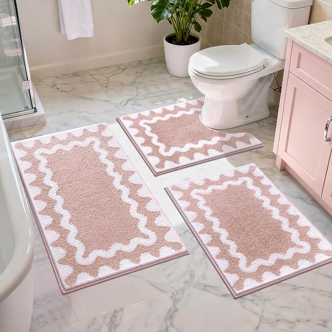 Findosom Bathroom Rugs Sets 3 Piece, Absorbent Soft Non-Slip Bath Rug Set | Washable Microfiber Shaggy Scalloped Bath Mat Set with Door Mat, U-Shaped Toilet Rugs, Shower Rug, Pink